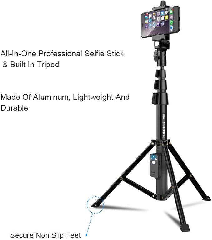 Fugetek 51" Professional Selfie Stick Tripod, 100% All Aluminum Stick & Legs, Lightweight, Detachable Bluetooth Remote, Portable All in One, Compatible with iPhone & Android, Non Skid Feet, Black