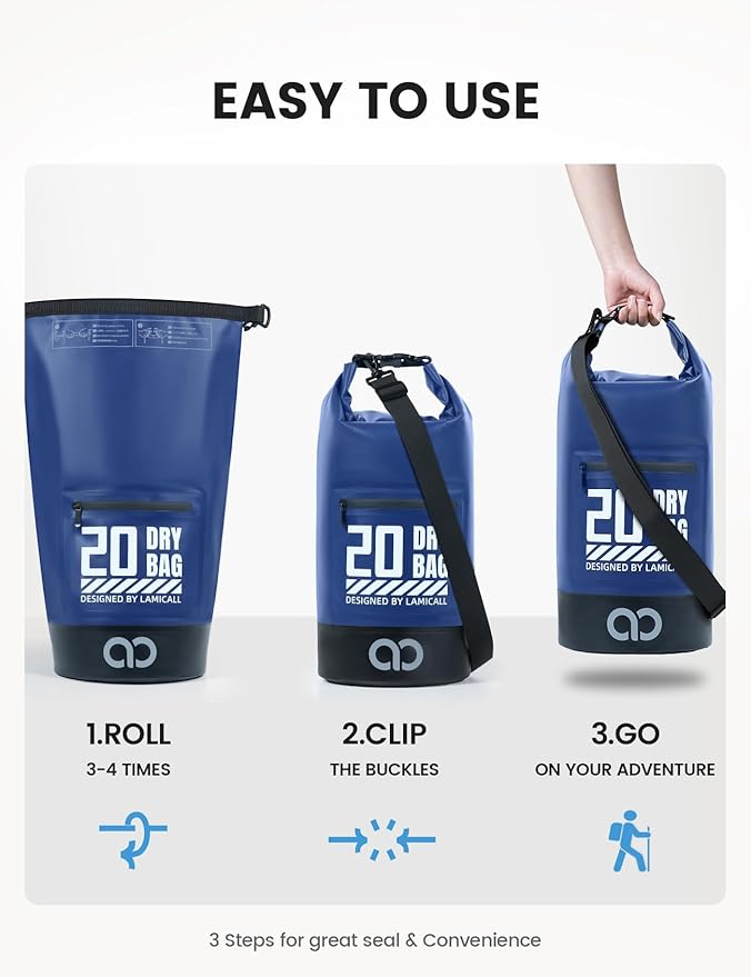 Lamicall Waterproof Dry Bag with Phone Pouch, Floating Roll Top Backpack, 20L, Blue