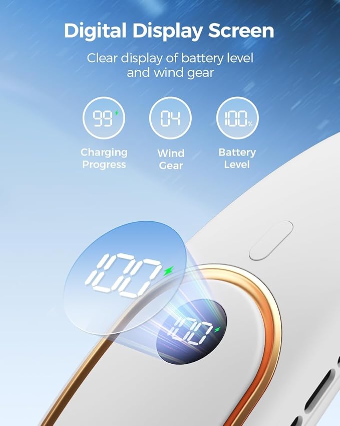 SHEWIND Portable Neck Fan - 5000mAh Rechargeable Hands-Free Wearable Fan | 4 Speeds, Bladeless & LED Display | Personal Cooling Fan for Travel, Outdoors, Camping - White