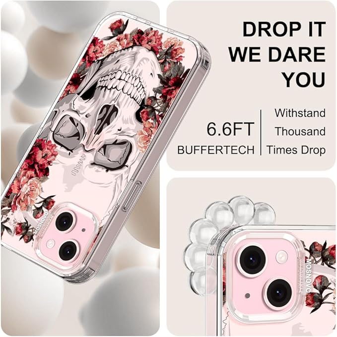 MOSNOVO Case for iPhone 15 Plus/iPhone 14 Plus, [Buffertech 6.6ft Military-Grade Drop Protection] [Anti Peel Off Tech] Clear TPU Bumper Phone Case Cover Design - Red Flower Skull
