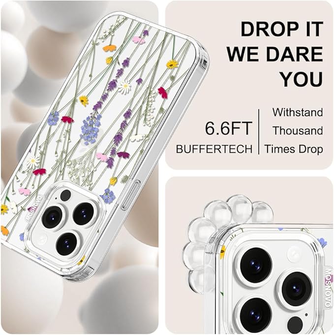 MOSNOVO Case for iPhone 14 Pro, [Buffertech 6.6ft Military-Grade Drop Protection] [Anti Peel Off Tech] Clear TPU Bumper Phone Case Cover Design - Floral Garden