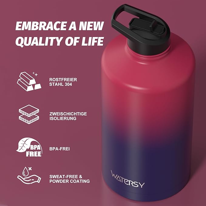 1 Gallon Water Bottle Insulated(Cold for 48 Hrs),BPA Free&Leak Proof,128oz Stainless Steel Water Jug,Large Water Bottle with Straw Spout Lids for Gym,Hiking,Camping&Travel,Red Purple
