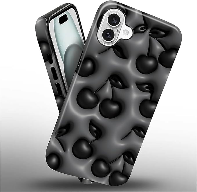 for iPhone 16 Case,HL2 Cute Cool Cherry Black Hybrid 2 Layer Hard Shell Silicone Protective Pattern Design Case