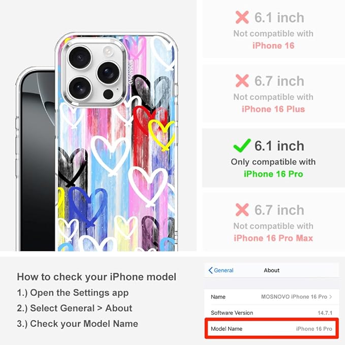 MOSNOVO for iPhone 16 Pro Case, Shockproof Military-Grade Protection 6.6ft Drop Tested, Clear Phone Case for iPhone 16 Pro, Graffiti Hearts Design