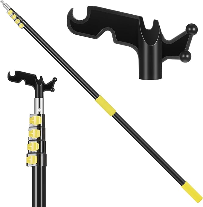 3.2-12 ft Telescopic Extension Pole with Utility Hook, Multi-Purpose Aluminum Pole for Painting, Dusting and New Year Window Cleaning Christmas Lights Installation Without a Ladder(Yellow)