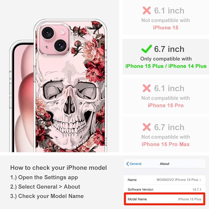 MOSNOVO Case for iPhone 15 Plus/iPhone 14 Plus, [Buffertech 6.6ft Military-Grade Drop Protection] [Anti Peel Off Tech] Clear TPU Bumper Phone Case Cover Design - Red Flower Skull