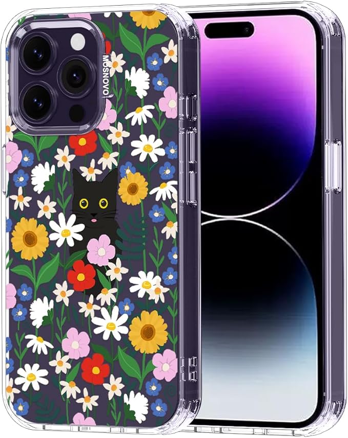 MOSNOVO Case for iPhone 14 Pro Max, [Buffertech 6.6ft Military-Grade Drop Protection] [Anti Peel Off Tech] Clear TPU Bumper Phone Case Cover Design - Black Cat in Garden