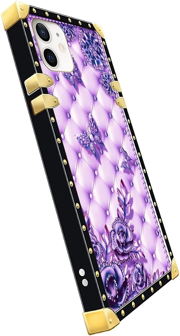 Compatible with iPhone 11 Case, Purple Butterfly Flowers Leaf Luxury Golden Decoration for Girl Women Soft TPU Shockproof Protective Hard PC Back for iPhone 11