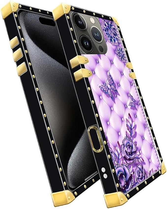 Compatible with iPhone 16 Pro Max Case, Purple Butterfly Flowers Leaf Luxury Golden Decoration for Girl Women Soft TPU Shockproof Protective Hard PC Back