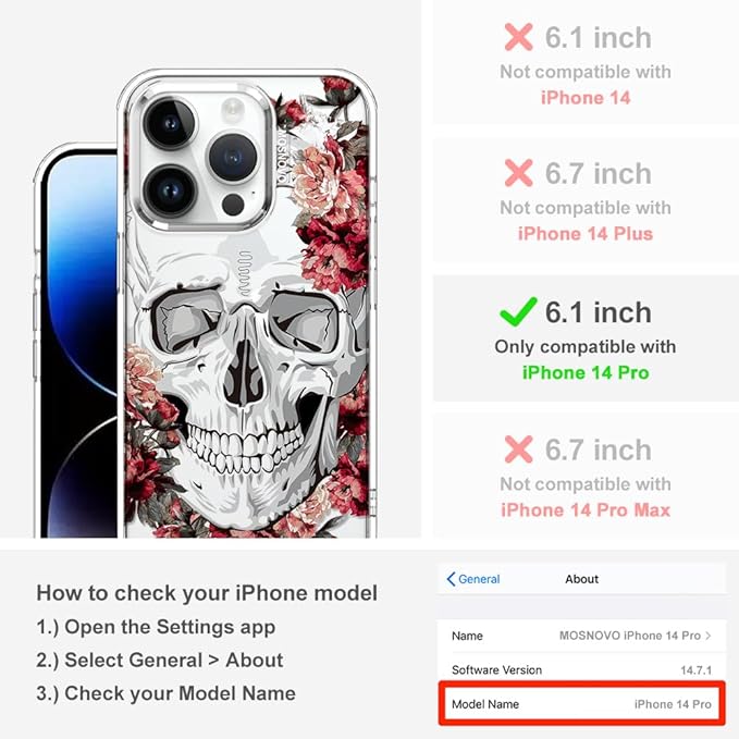 MOSNOVO Case for iPhone 14 Pro, [Buffertech 6.6ft Military-Grade Drop Protection] [Anti Peel Off Tech] Clear TPU Bumper Phone Case Cover Design - Red Flower Skull