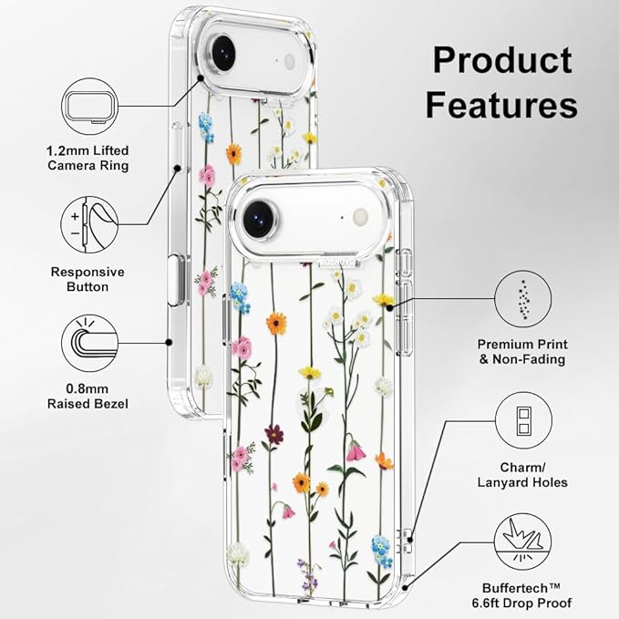 MOSNOVO for iPhone Air Case | Military Grade 6.6ft Drop Tested | Camera Control | Clear with Wildflowers Design