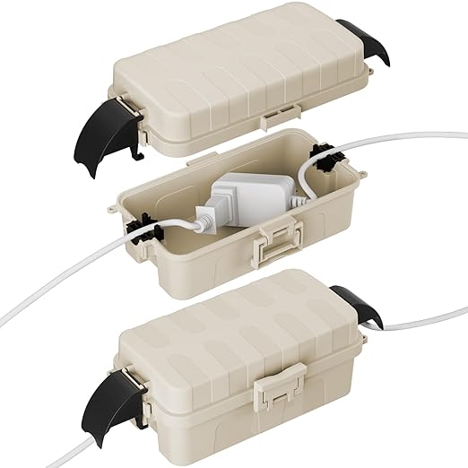 FLEMOON [2 Pack] IP55 Outdoor Electrical Box Waterproof with Detachable Awning Covers, 8.3 x 4.1 x 3.7 inch Weatherproof Extension Cord Cover, Easy Installation for Outdoor Plug, String Lights, Almond