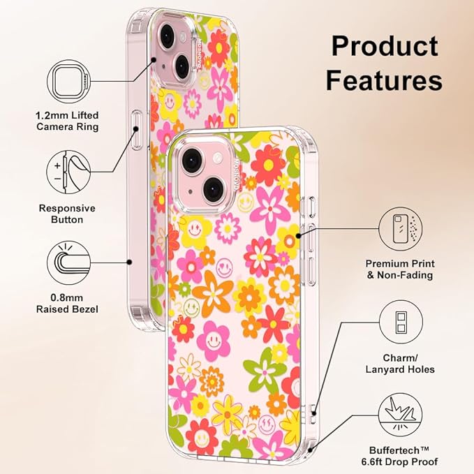 MOSNOVO Case for iPhone 15, [Buffertech 6.6ft Military-Grade Drop Protection] [Anti Peel Off Tech] Clear TPU Bumper Phone Case Cover Design - 70's Groovy Floral