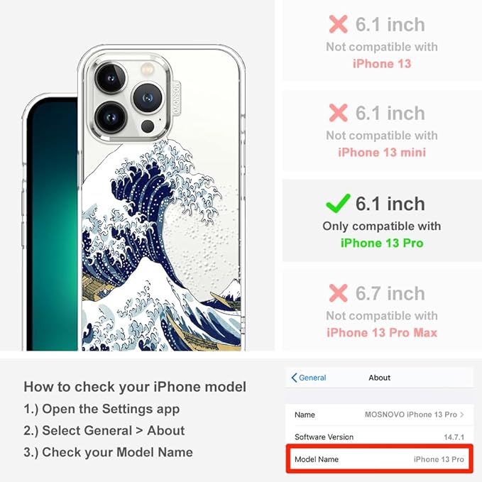 MOSNOVO Case for iPhone 13 Pro, [Buffertech 6.6ft Military-Grade Drop Protection] [Anti Peel Off Tech] Clear TPU Bumper Phone Case Cover Design - Great Wave