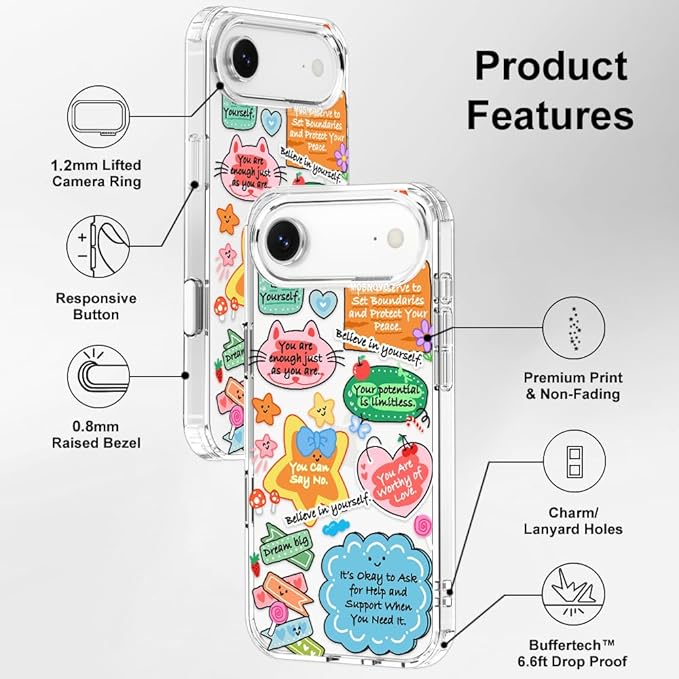 MOSNOVO for iPhone Air Case, Shockproof Military-Grade Protection 6.6ft Drop Tested, Camera Control, Clear Phone Case for iPhone 17 Air, Self Love Club Design