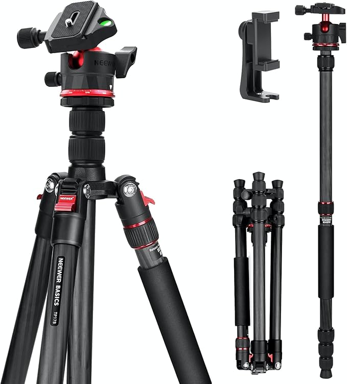 NEEWER Basics Carbon Fiber Travel Tripod Monopod, 64" Compact Lightweight Portable Camera Cell Phone Holder Stand Compatible with iPhone Video Recording, Arca Type Ball Head, Max Load 13.2 lbs, TP17B