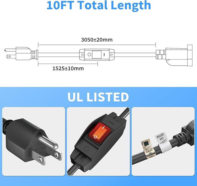 FIRMERST 1875W Outdoor Extension Cord with Switch Waterproof Black 10 Feet