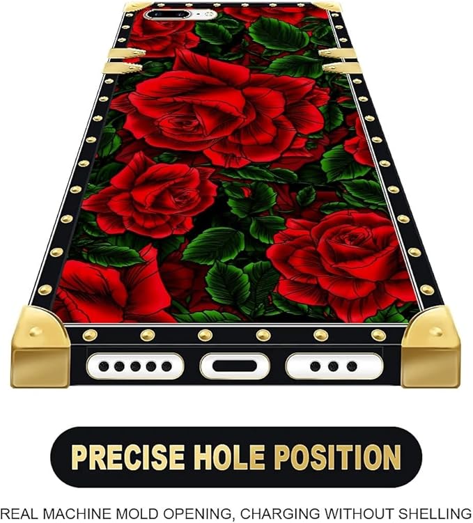 Compatible with iPhone 8 7 SE Case, Vector Red Rose Green Leaf Luxury Golden Decoration for Girl Women Soft TPU Shockproof Protective Hard PC Back for iPhone 8 7 SE