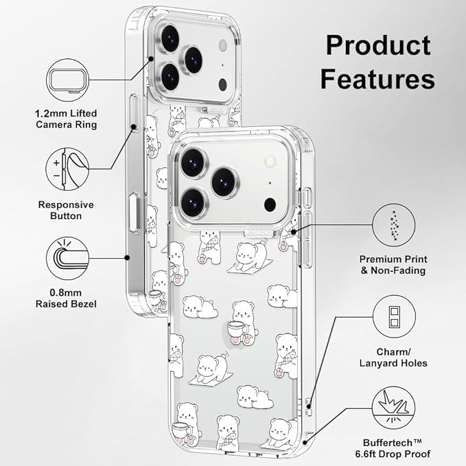 MOSNOVO for iPhone 17 Pro Case, Shockproof Military-Grade Protection 6.6ft Drop Tested, Camera Control, Clear Phone Case for iPhone 17 Pro, Cozy Bear Days Design