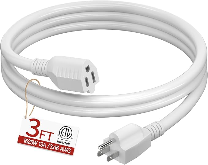 16/3 Short Extension Cord 3 FT, White Extension Cord Flexible & Durable, Indoor 3 Prong Power Cable, Suitable for Home and Office, 13 Amp 1625 Watt 125VAC 16AWG, ETL Listed