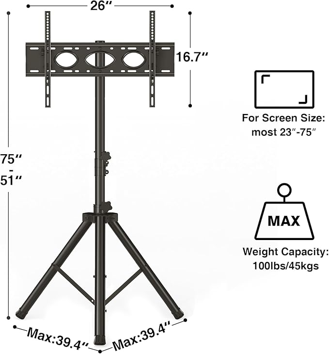 Tripod TV Stand for 23-75 inch Flat Screen/Curved TVs up to 100 lbs, Outdoor TV Stand with ±15° Tilt, Height Adjustable Portable TV Stands with Safety Design, Max VESA 600x400m, Black