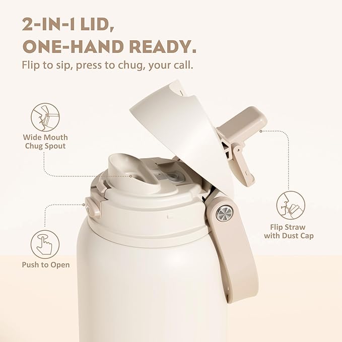 POWCAN 40 oz Insulated Water Bottle, 2-in-1 Push-Button Spout & Quick-Flip Straw Lid, Leakproof, Keep Cold 24Hrs, BPA-Free, Stainless Steel Water Bottle for Sports, School, Travel, Gym (Oat Mousse)