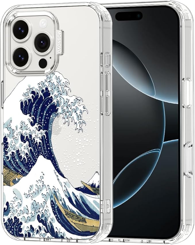 MOSNOVO Case for iPhone 16 Pro Max, [Buffertech 6.6ft Military-Grade Drop Protection] [Anti Peel Off Tech] Clear TPU Bumper Phone Case Cover Design - Great Wave