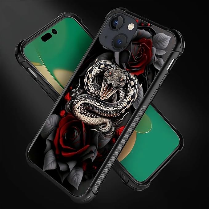 for iPhone 14 Case, Entwined Rose Snake Pattern Graphic Design Girl Boy Soft Silicone Hard Acrylic Shock Protection for iPhone 14