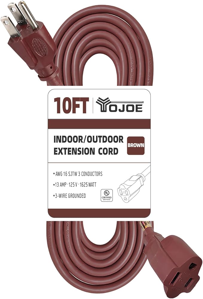 YOJOE Indoor Outdoor Extension Cord, 3 Prong 13A Weatherproof Power Cord, 16 Gauge Heavy Duty 10 ft Brown Extension Cord for Garage, Garden and Home, 16/3 SJTW UL Listed