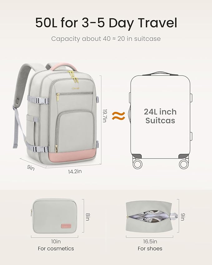 LOVEVOOK Travel Backpack for Women, 50L Carry On Backpack Flight Approved with Garment Bag, Personal Item Travel Bag Fit 17 Inch Laptop, Business Weekender Overnight Daypack With 2 Cubes, Pink-Grey