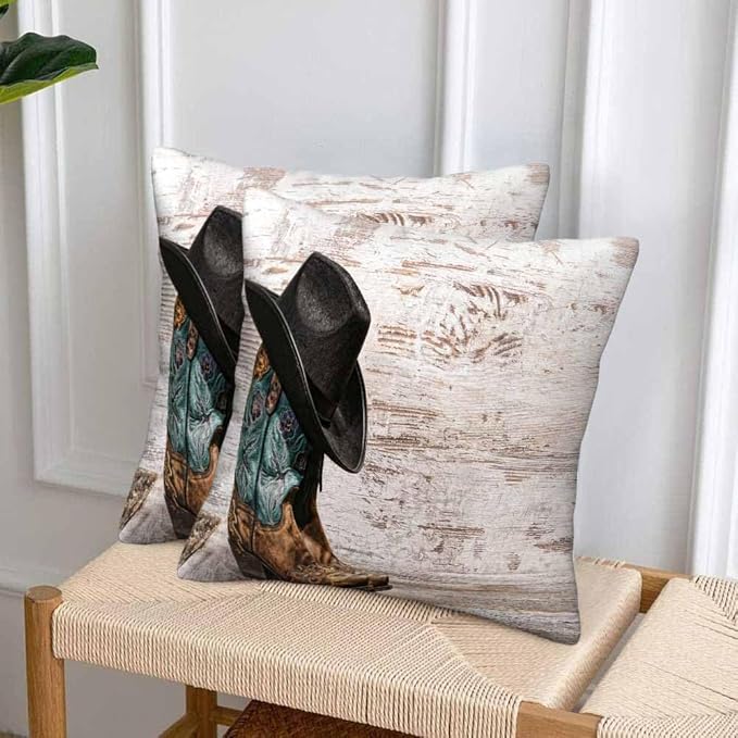 Western Cowboy Embroidered Boots Hat 18x18 Throw Pillow Covers Set of 2 American West Rodeo ATOP Fashion Leather Cushion Pillow Cases Square Outdoor Decorative Home Bed Sofa Couch Office