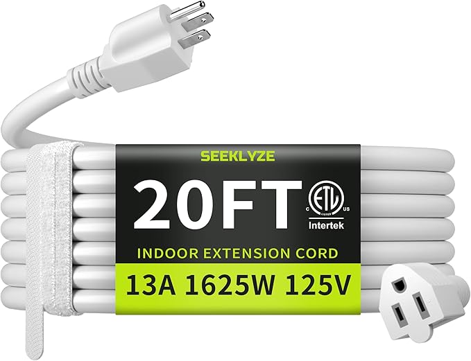 16/3 White Extension Cord 20 FT, Indoor Extension Cord for Laptops, Coffee Makers, Office Home Appliances, 3 Prong Resistant Cable Flexible, 13A 125V 1625W ETL Listed