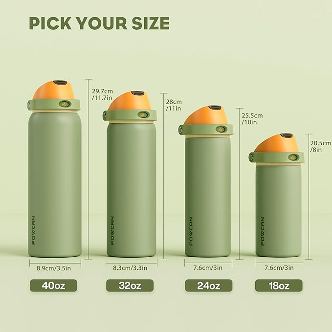POWCAN 18 oz Metal Sports Water Bottle: 2-in-1 Push-Button Spout & Quick-Flip Straw, Leakproof, Cold 24 Hrs, Fits Car Cup Holder, Insulated Bottle for Hiking, Camping, School, Travel Gift (Olive Cool)
