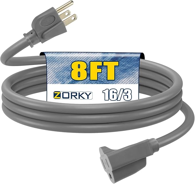 8ft Outdoor Extension Cord for Christmas Decorations- 16/3 Heavy Duty SJTW Waterproof Gray Electrical Cable with 3 Prong Grounded Plug for Safety, Great for Lawn and Major Appliances