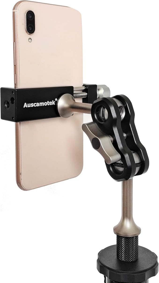 AUSCAMOTEK Aluminum Phone Mount with 1/4 Inch Screw for Tripods – 360° Adjustable Arm, Fits 2 to 3.6 Inch Phones, Vertical or Horizontal Shooting for Hunting, Shooting, Filming, and Outdoor Use