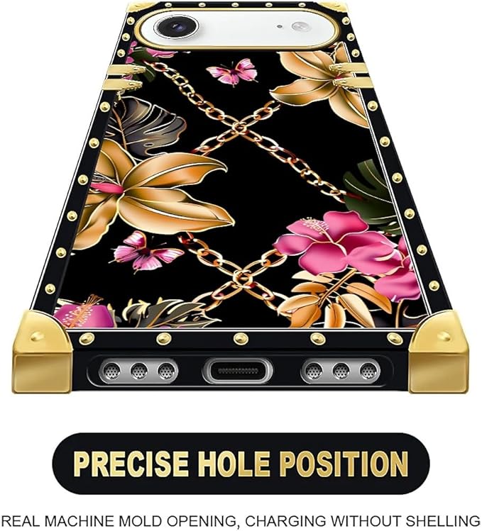 for iPhone 17 Air Case Luxury Golden Decoration for Girl Women Soft TPU Shockproof Protective Hard PC Back for iPhone 17 Air Crazy Pattern Pink Golden Chain Tropical Flower