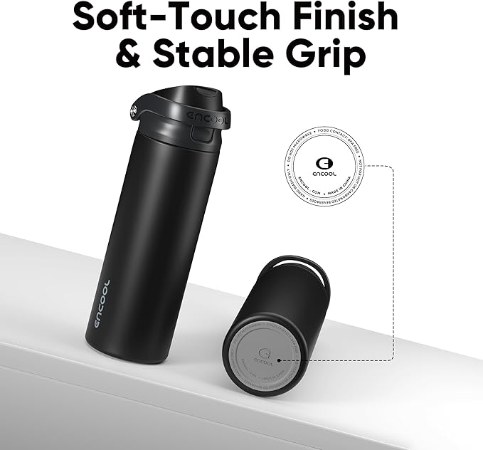 ENCOOL Leakproof Insulated Water Bottle with Straw Dual-Sip Water Bottle Bag-Safe Design for Work, Commute & Gym – Keeps Drinks Cold All Day, 24 oz, Jet Black