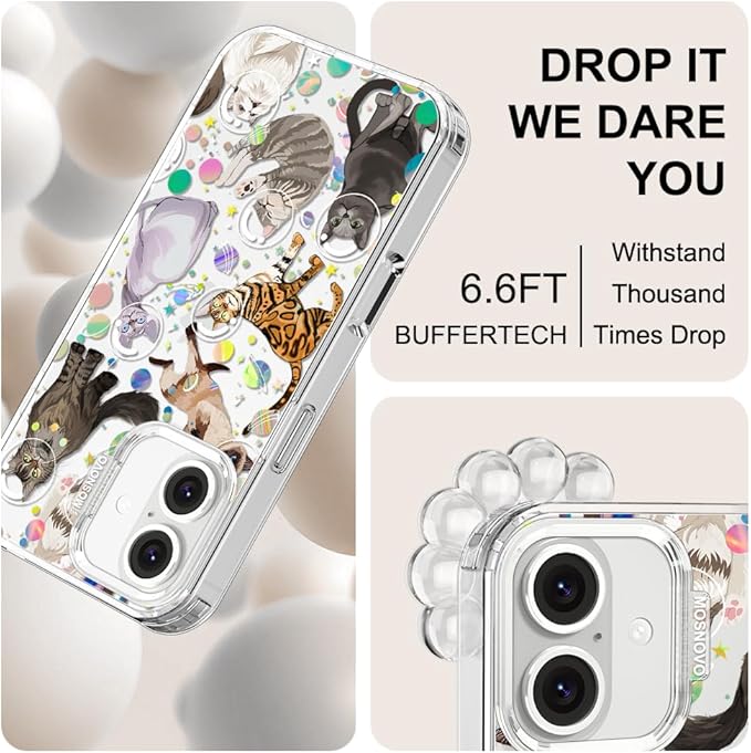 MOSNOVO Case for iPhone 16, [Buffertech 6.6ft Military-Grade Drop Protection] [Anti Peel Off Tech] Clear TPU Bumper Phone Case Cover Design - Space Cat