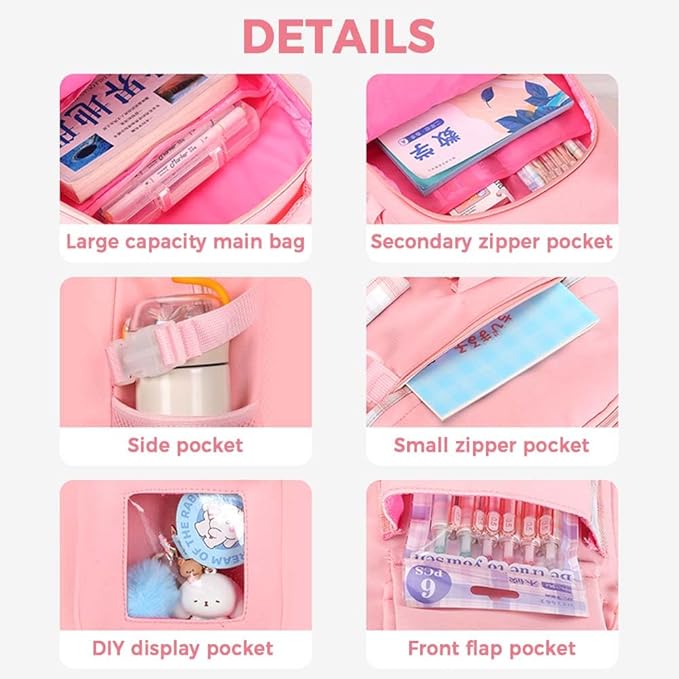 Cute Backpack for Teen Girls Kids Kawaii Bookbag Large School Back Packs Aesthetic Travel Daypack Ages 6-8 8-10 10-12 (Pink,L)
