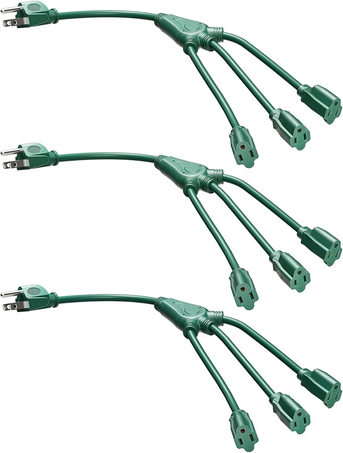 DEWENWILS Extension Cord Splitter 1 to 3, 16/3 Heavy Duty SJTW Wire, 3 Prong Splitter 3 Way, 18 Inches Indoor Cord Splitter for Halloween Decor Christmas Lights, ETL Listed, Green, Pack of 3
