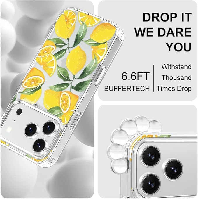MOSNOVO for iPhone 17 Pro Case | Military Grade 6.6ft Drop Tested | Camera Control | Clear with Lemon Design