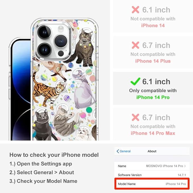 MOSNOVO Case for iPhone 14 Pro, [Buffertech 6.6ft Military-Grade Drop Protection] [Anti Peel Off Tech] Clear TPU Bumper Phone Case Cover Design - Space Cat