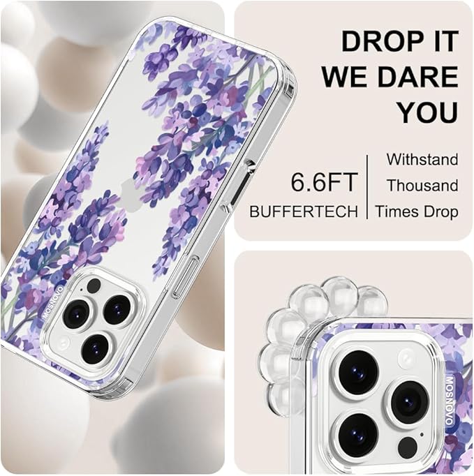 MOSNOVO Case for iPhone 16 Pro Max, [Buffertech 6.6ft Military-Grade Drop Protection] [Anti Peel Off Tech] Clear TPU Bumper Phone Case Cover Design - Lavender
