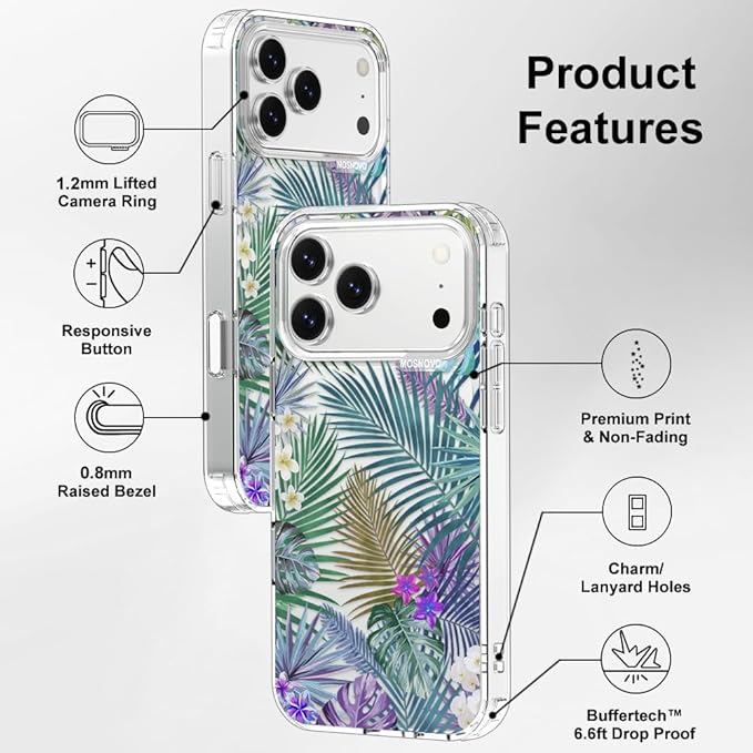 MOSNOVO for iPhone 17 Pro Max Case | Military Grade 6.6ft Drop Tested | Camera Control | Clear with Tropical Rainforests Design