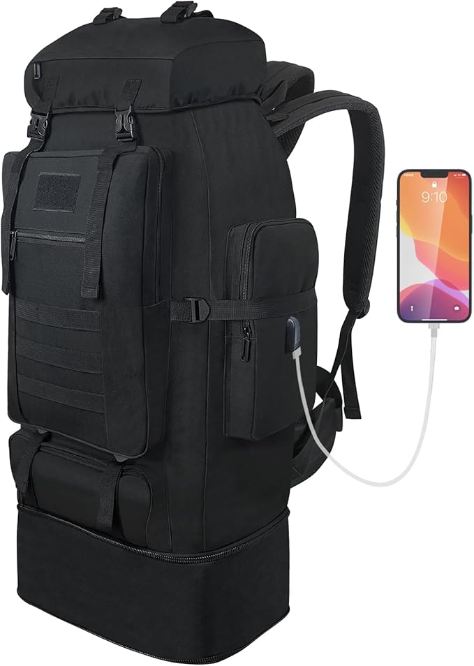 70L/100L Hiking Backpack with USB Charging Port, Expandable Large Military Tactical Backpack, Waterproof MOLLE Rucksack Travel Backpacking Daypack for Camping Climbing (Black)
