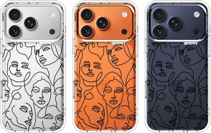 MOSNOVO for iPhone 17 Pro Case | Military Grade 6.6ft Drop Tested | Camera Control | Clear with Abstract Face Line Art Design