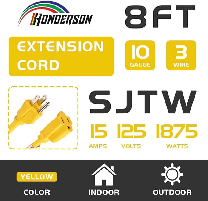 Indoor/Outdoor Extension Cord, 10 Gauge 8FT Yellow, 3 Prong Heavy Duty, Weatherproof, UL Certified, 15A Power Cord for Outdoor Lights, Appliances, Lawn