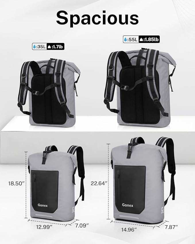 Gonex Ultralight Waterproof TPU Backpack, 35L Roll Top Dry Bag with Comfortable Padded Back Panel for Kayaking Boating Camping Fishing Travel,Grey