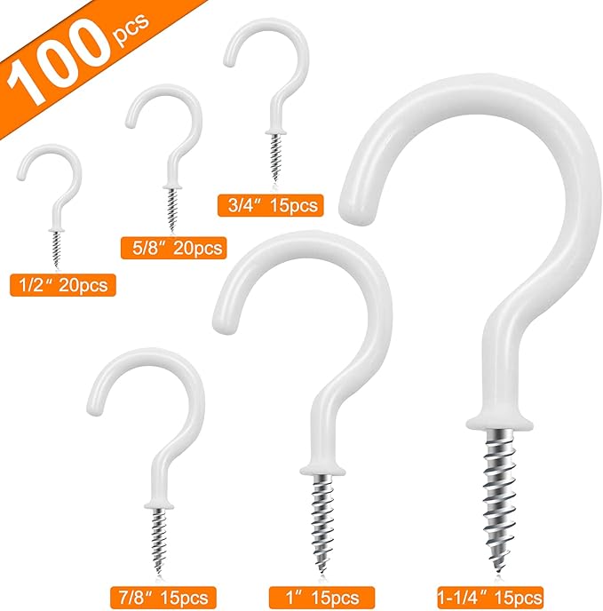 100 PCS Screw in Cup Hooks,6 Size Vinyl Coated Screw Ceiling Wind Chimes Cup Hooks for Hanging Indoor & Outdoor Use(White)