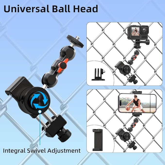 SUREWO Aluminum Cell Phone Fence Mount for iPhone, Go pro,DJI Osmo Action 5Pro/4/3/2, Insta360,Mevo Start Clip Stand for Baseball Softball Tennis Recording (Fence Mount)